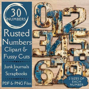 Vintage Grunge Rusted Numbers Junk Journal Labels. Digital paper of primitive blue rustic number fussy cuts. Metal label clipart