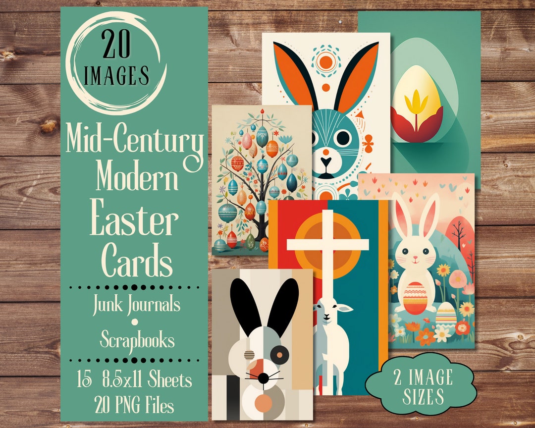 Midcentury Modern Easter Cards Junk Journal Paper. Digital Paper of