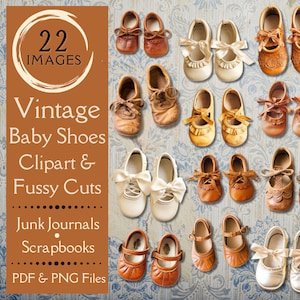 Vintage babyslofjes kieskeurige snitten voor ongewenste tijdschriften. Digitaal papier met Mary Janes-clipart voor kleine meisjes voor plakboeken. Baby- en peuterschoenen