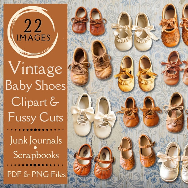 Vintage Baby Shoes Fussy Cuts for Junk Journals. Digital paper of little girl's Mary Janes clipart for scrapbooks. Infant & toddler shoes