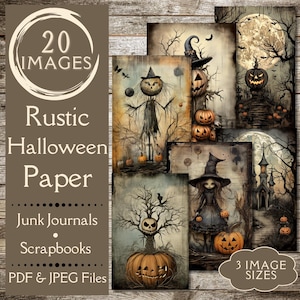 Rustic Halloween Junk Journal Paper. Digital paper of watercolor, gothic pumpkins, witches, and zombies. For quirky crafters.