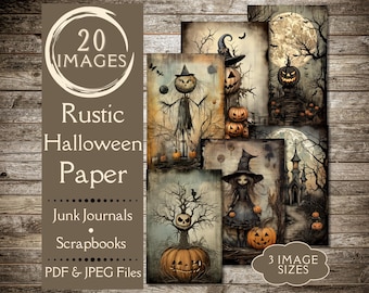May include: A set of 20 digital papers featuring rustic Halloween illustrations. The papers include images of scarecrows, pumpkins, witches, and spooky trees. The papers are available in PDF and JPEG formats and are perfect for scrapbooking, junk journals, and other creative projects.