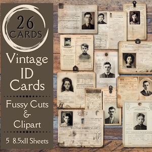 Cartões de identificação antigos Junk Journal Ephemera. Papel digital de cartões de identificação antigos com cortes meticulosos para junk journals. Clipart de ephemera para scrapbooks.