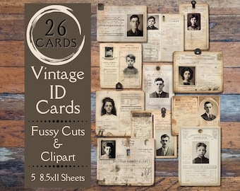 May include: A collection of 26 vintage ID cards and passport photos, arranged on a wooden background. The cards are in various sizes and feature black and white portraits. Text on the image reads "Vintage ID Cards, Fussy Cuts & Clipart, 5 8.5x11 Sheets."