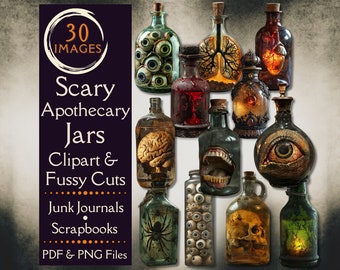 Gothic Apotheker Clipart für Junk Journals. Digitales Papier von Halloween Apothekergläsern, Zauberflaschen & Zaubertrankflaschen wählerisch geschnitten. PNG-Datei