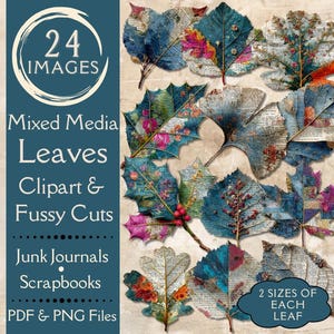 Vintage Leaf Fussy Cuts for Junk Journals. Digital paper of mixed media leaves clipart for collage art. Printable primitive, shabby leaf PNG