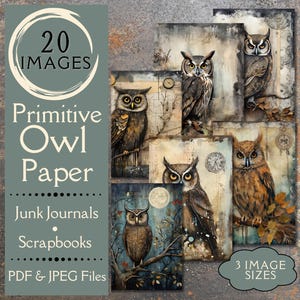 Papier journal indésirable primitif hibou. Papier numérique effet vieilli représentant des hiboux vintage pour les carnets et les albums de découpures. Pour les artisans amoureux de la nature.