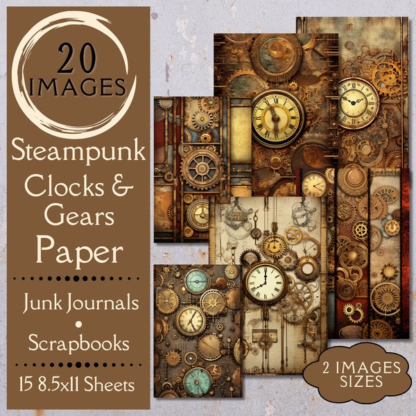 Steampunk Clocks and Gears Junk Journal Paper. Steampunk digital paper of industrial grunge watches for junk journals and scrapbooks.