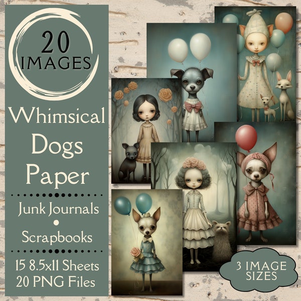 Whimsical Dog Junk Journal Paper. Digital paper of country dogs and their owners in the style of Nicoletta Ceccoli. For fantasy crafters.