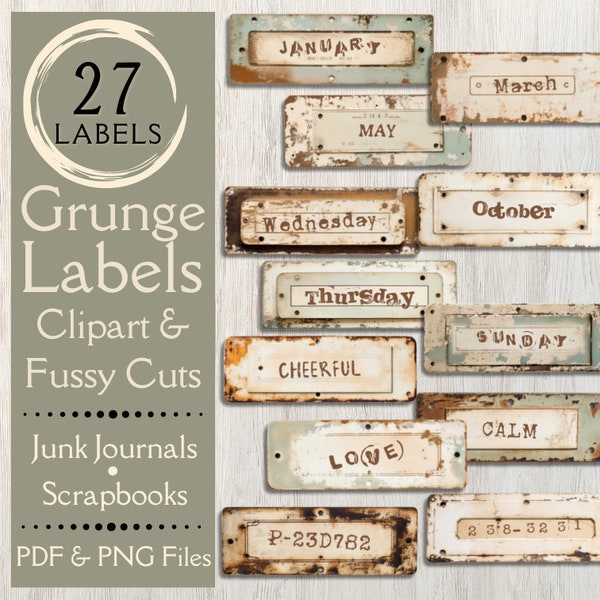 Grunge Labels Fussy Cuts for Junk Journals. Digital paper of vintage nameplate clipart for scrapbooks. For the grunge crafter.