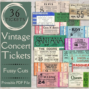 May include: A collection of 36 vintage concert tickets with various band names and dates. The tickets are in different colors and sizes, with text that reads "Vintage Concert Tickets" and "Fussy Cuts". The image also includes the text "Printable PDF File".