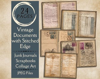 Vintage Documents with Sewn Borders for Junk Journals. Vintage ephemera of antique ledger papers & postcards with stitched edges for collage