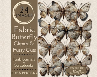 Mariposas de tela desgastada con cortes recargados para revistas basura. Papel digital de imágenes prediseñadas de mariposas vintage para collage. Polilla grunge en técnica mixta.