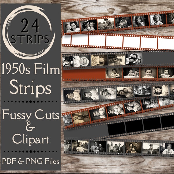 Vintage 1950s Film Strips Ephemera for Junk Journals. Digital paper of 1950s film strip negatives fussy cuts. Polaroid film clipart