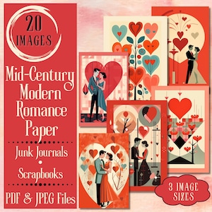 Retro Mid-Century Modern Romance Junk Journal Paper. Digital paper of 1950s Valentine cards for junk journals. For vintage crafters.