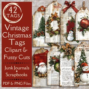 Vintage Weihnacht Junk Journal tags. Digitales Papier mit Weihnachtsmann, Schneemann, Kränzen & Ornamenten mit altem Zeitungspapier als Hintergrund.