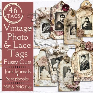 Vintage Photo & Lace Junk Journal tags. Digital paper of antique shabby ephemera for journals. Retro, tattered tag fussy cuts and clipart.