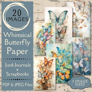 Skurriles Junk Journal Papier. Digitales Papier mit Aquarell Boho Schmetterlingen für Scrapbooks. Für Insekten und Blumen Handwerker.