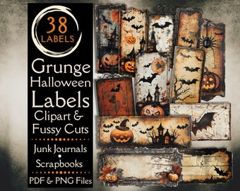 Vintage Grunge Halloween Etiketten Clipart für Junk Journals. Digitales Papier mit beängstigend, gothic, Halloween, unprätentiös geschnitten für scrapbooks.