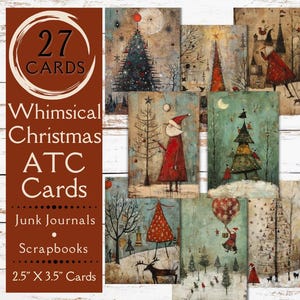 Cartes ATC de Noël fantaisistes, papier journal indésirable. Papier numérique représentant des sapins de Noël vintage originaux et le père Noël. Éphémères minables de Noël.