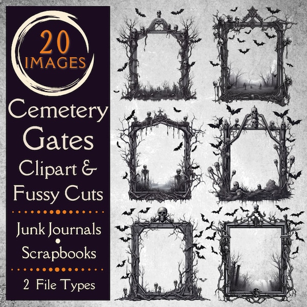 Cemetery gate fussy cuts and clipart for junk journals and scrapbooks. Digital paper of Halloween clipart and Halloween fussy cuts.