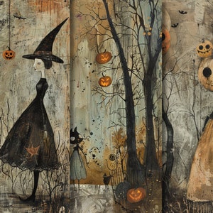Whimsical Halloween Junk Journal Paper. Digital paper of pumpkins, witch, and zombies. Quirky Halloween scenes. Printable fall paper.