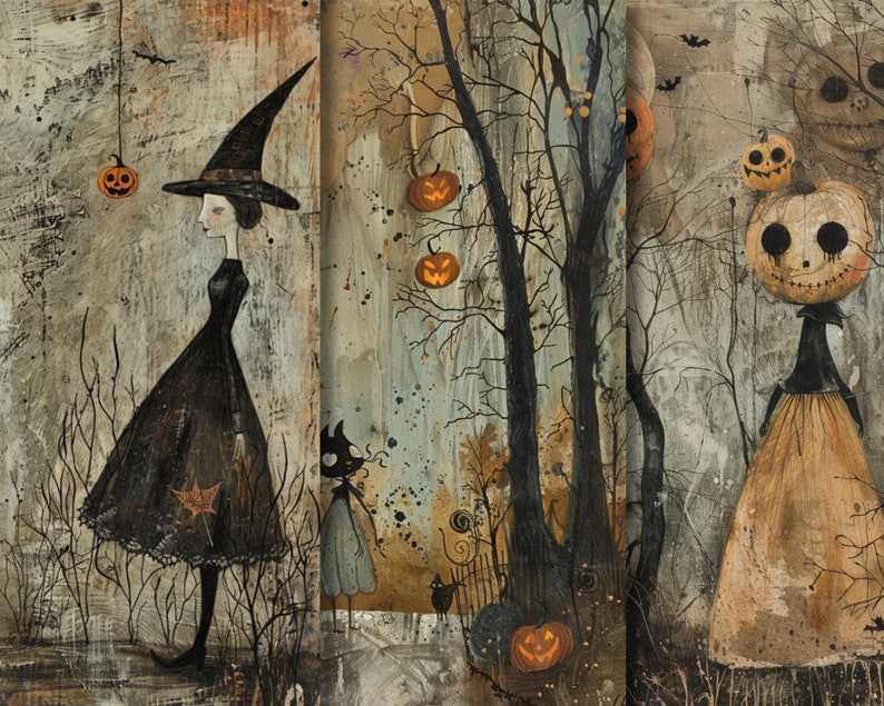 Whimsical Halloween Junk Journal Paper. Digital paper of pumpkins, witch, and zombies. Quirky Halloween scenes. Printable fall paper.