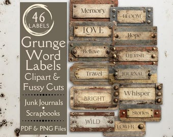 Vintage Grunge Junk Journal labels. Digital paper of Industrial word tags for scrapbooks. Fussy cut labels for retro crafters. Rusty labels.