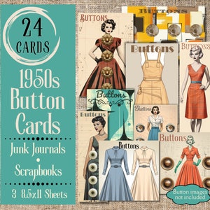Halverwege de eeuw Button Cards Ongewenste tijdschriften. Digitaal papier met vintage knoopkaarten voor junktijdschriften. Kortstondige clipart uit de jaren 50