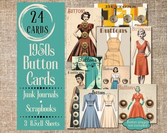 Mid Century Button Cards Junk Journal Ephemera. Digital paper of vintage button card fussy cuts for junk journals. 1950s ephemera clipart