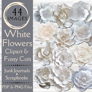 Fleurs blanches, coupes difficiles et cliparts pour journaux indésirables. Papier numérique en tissu, papier et fleurs blanches en céramique. Fichiers PDF et PNG imprimables.