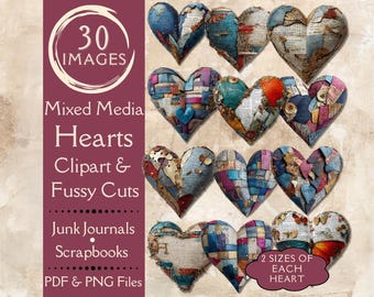 Mixed Media Hearts Fussy Cuts for Junk Journals. Digital paper of vintage hearts clipart for collage art. Printable whimsical hearts.