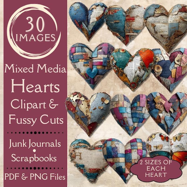 Mixed Media Hearts Fussy Cuts for Junk Journals. Digital paper of vintage hearts clipart for collage art. Printable whimsical hearts.