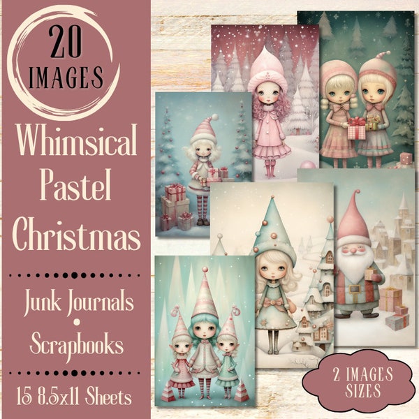 Whimsical Pastel Christmas junk journal paper. Digital paper of pink Christmas scenes in the style of Nicoletta Ceccoli. For country crafter
