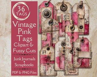 Vintage Grunge Pink Junk Journal tags. Digital paper of shabby tags for scrapbooks. Fussy cut tags for romantic crafters. Shabby chic tags.