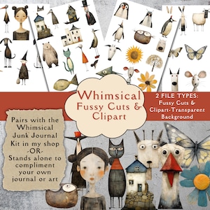 Tagli stravaganti e fussy per Junk Journals. Carta digitale di clipart primitive di persone, animali, fiori e case. Clipart rustiche di campagna.