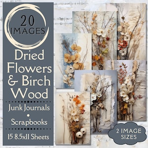 Primitive Trockenblumen und Birkenholzpapier. Digitales Papier aus rustikalen getrockneten Hartriegelblüten, Zweigen und Blättern für Scrapbooks & Junk Journals