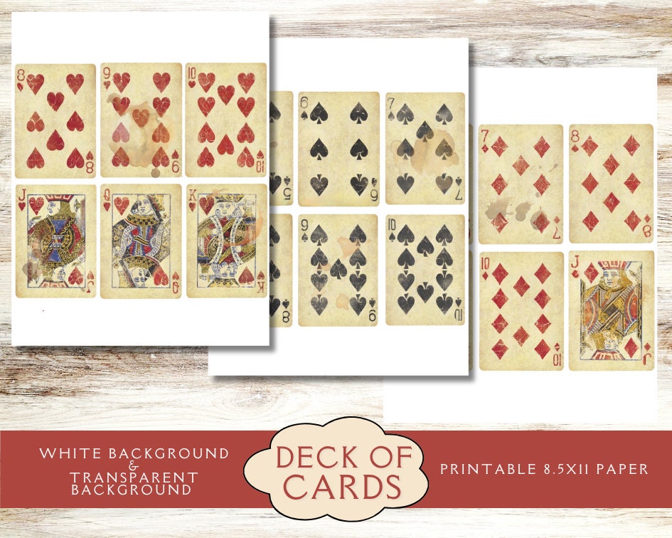 Vintage Deck of Cards Junk Journal Ephemera. Digital Paper of Antique