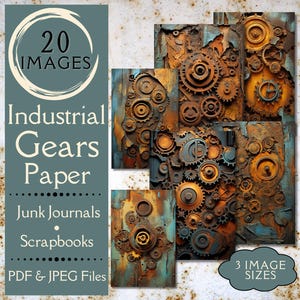 May include: A digital collage of 20 images featuring rusty metal gears and cogs on a blue and brown background. The images are available in three sizes and are perfect for junk journals and scrapbooks. The text "20 IMAGES", "Industrial Gears Paper", "Junk Journals", "Scrapbooks", "PDF & JPEG Files", and "3 IMAGE SIZES" is included in the image.