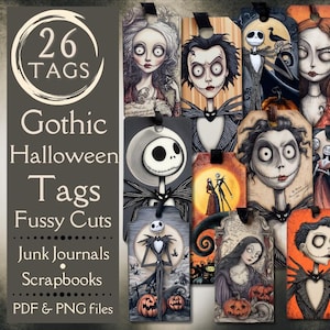Gothic Halloween Junk Journal Tags. Digitales Papier mit Gothic Boy & Girl Zombie Journal Etiketten. Für Bastler, die Day of the Dead Kunst lieben.