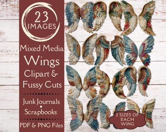 Mixed Media Angel Wings Fussy Cuts for Junk Journals. Digital paper of vintage angel wings clipart for collage art. Whimsical wings.