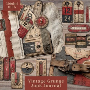 Könnte beinhalten: Eine Sammlung von Vintage-Objekten mit Grunge-Ästhetik, darunter Etiketten, Lineale und ein Journal. Die Artikel weisen rot-, weiß- und schwarze Farbschemata auf, mit Text wie "Vintage", "Story" und Zahlen. Das Bild trägt die Aufschrift "Vintage Grunge Junk Journal."