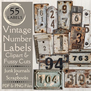 Vintage Grunge Number Junk Journal Labels. Cyfrowy papier z wyciętymi etykietami vintage do junk journals. Antyczny clipart etykiety.