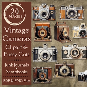 May include: A collection of 20 vintage cameras in various styles and colors, including black, silver, brown, and gold. The cameras are arranged in a grid pattern on a textured brown background. The text "20 IMAGES" is in a circle at the top left of the image. The text "Vintage Cameras Clipart & Fussy Cuts Junk Journals Scrapbooks PDF & PNG Files" is below the images.