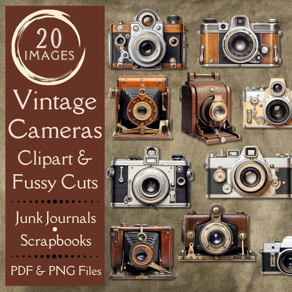 Vintage Camera Fussy Cuts for Junk Journals. Digital paper of Steampunk camera clipart for scrapbooks. For primitive & rustic photo crafters