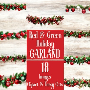 Rot & Grün Weihnachtsgirlande Fussy Schnitte. Feiertags Banner oder Girlande Clipart für junk Journals und Scrapbooks. Für den Festtags-Handwerker.