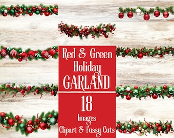 Red & Green Christmas Garland Fussy Cuts. Holiday banner or bunting clipart for junk journals and scrapbooks. For the holiday crafter.