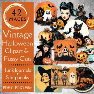 Vintage Halloween Cliparts & Schnittmuster für Junk Journals. Digitales Papier mit retro 1950er-Jahre Halloween Kürbissen, Hexen und anderen niedlichen Motiven.