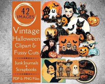 May include: A collection of vintage Halloween-themed clipart and fussy cuts. The images include pumpkins, witches, ghosts, and retro illustrations. Text on the image reads "42 Images", "Vintage Halloween Clipart & Fussy Cuts", "Junk Journals Scrapbooks PDF & PNG Files".