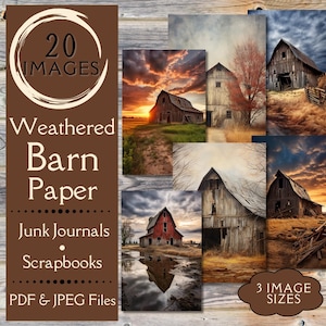 May include: A digital collage of 20 weathered barn images in various sizes. The images feature rustic barns with wood siding, faded paint, and a variety of backgrounds, including fields, trees, and skies. The text "20 IMAGES" and "Weathered Barn Paper" is displayed on a brown background.